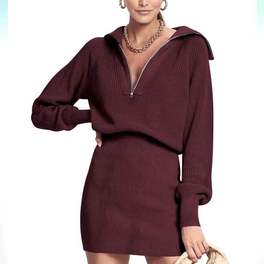 NWT DEEP SELF Long Sleeve Bodycon Sweater Fall Half Zip V Neck Mini Dress, SizeS
